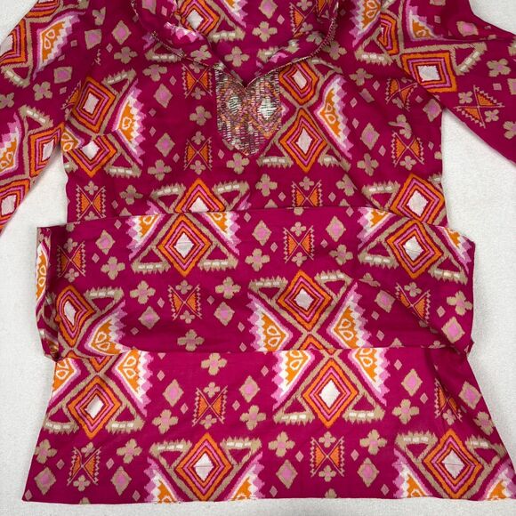 Tory Burch Tunic Top Pink Gold Beaded 3/4 Sleeve Geometric V-Neck Boho Beach 8 - Picture 5 of 8